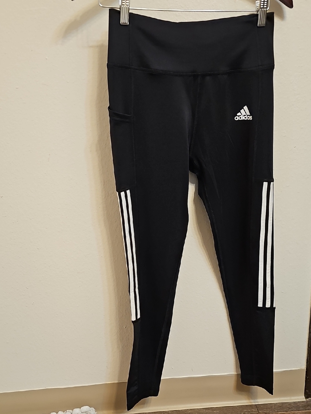 adidas Black Leggings with White Side Stripes and Pocket